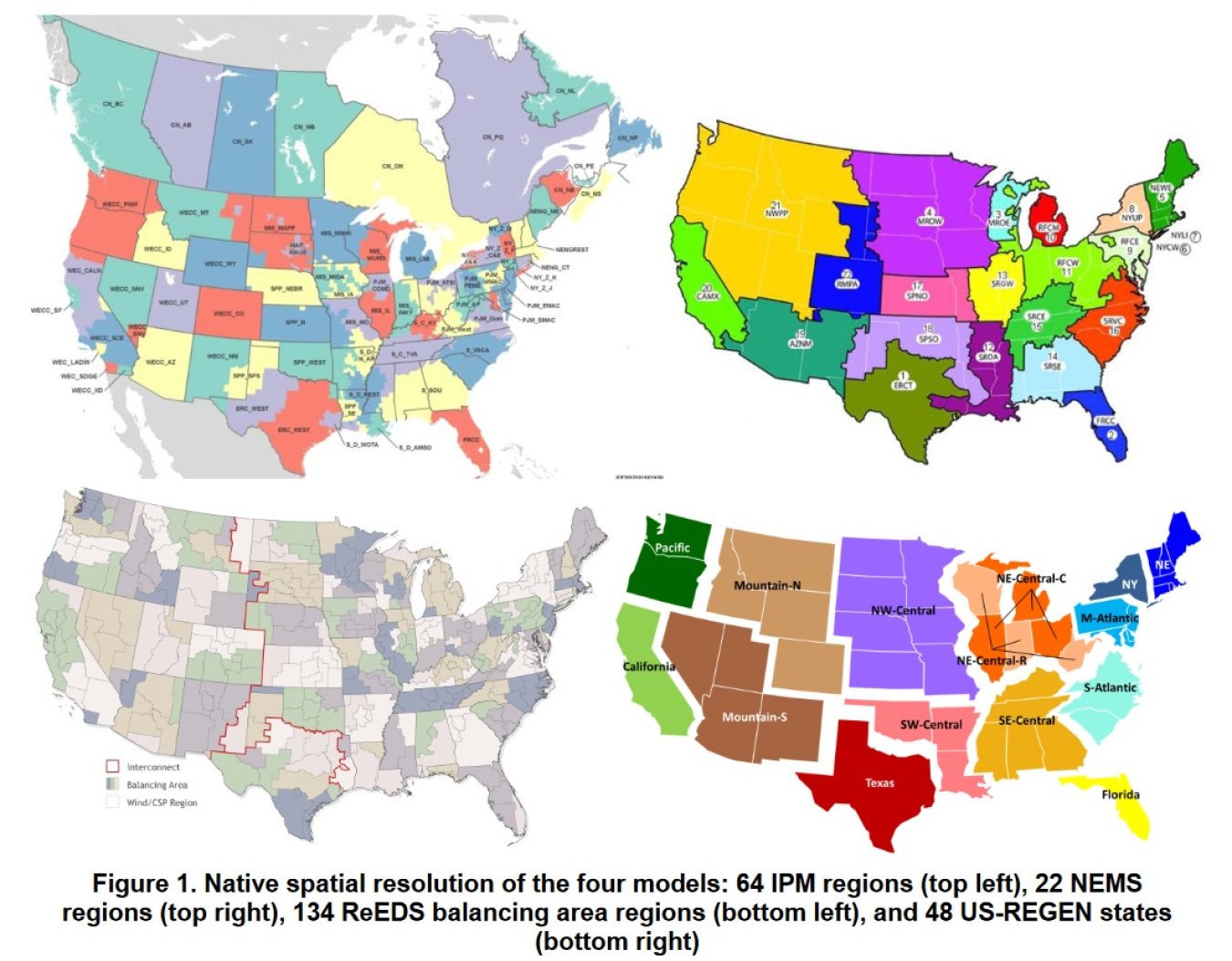 Native spatial resolution of the four models: 64 IPM regions (top left), 22 NEMS regions (top right), 134 ReEDS balancing area regions (bottom left), and 48 US-REGEN states (bottom right)