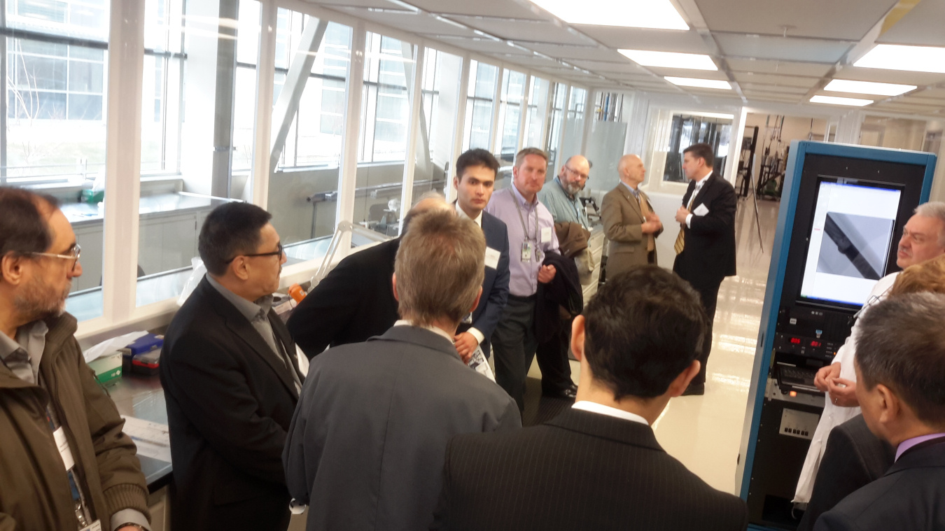 Group of people in business suits standing and interacting in a hallway lined with windows.