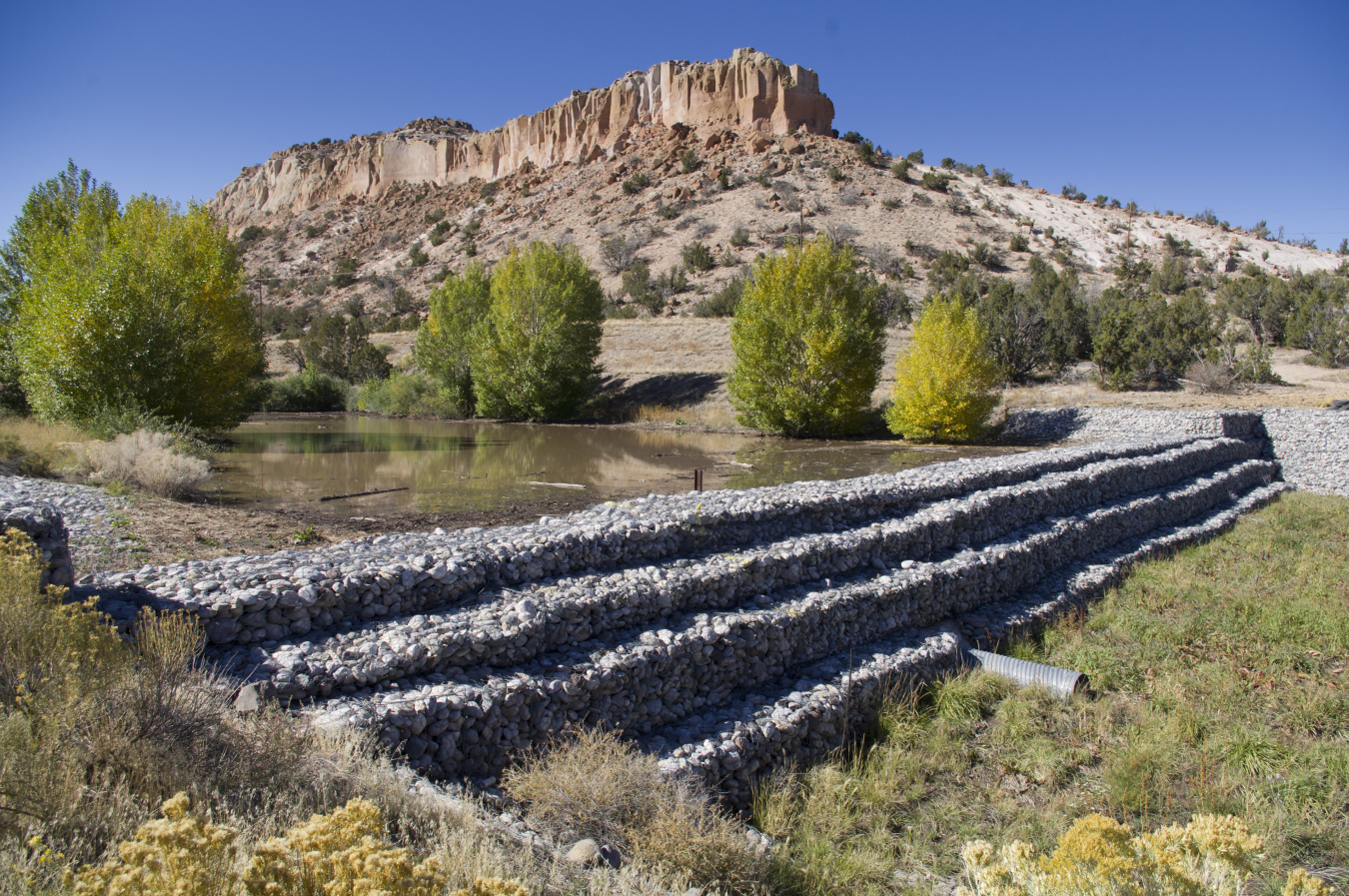 Image of a small creek with a mountain in the background.