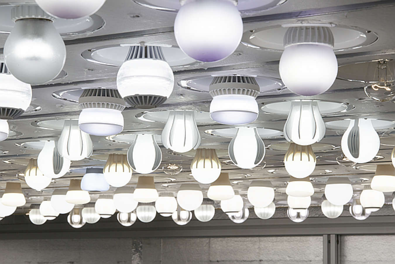 Different shapes of lighting fixtures using LED lights hang from the ceiing.