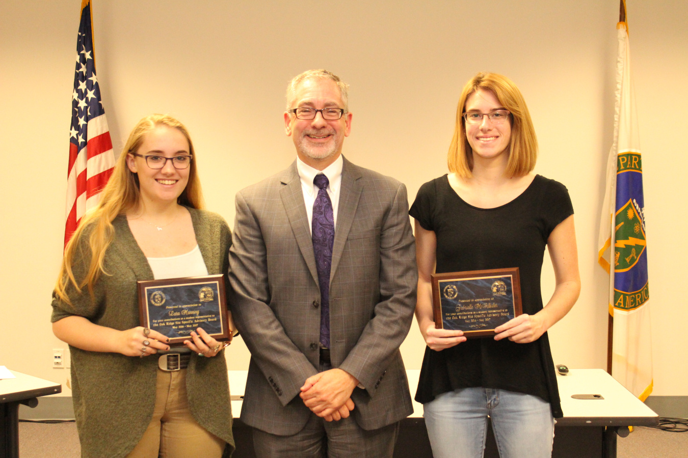 OREM Acting Manager Jay Mullis presented plaques of appreciation to ORSSAB student representatives Lara Manning, left, and Gabrielle McAllister.