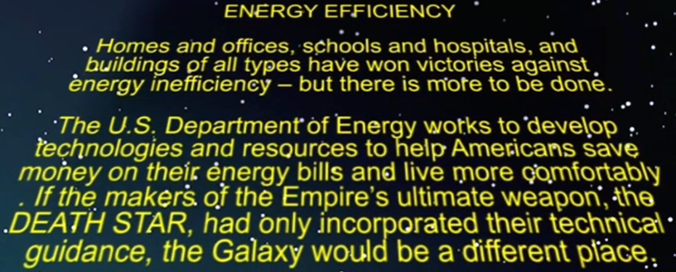 Graphic of the well-known "Star Wars" scrolling intro text, with text on energy efficiency.