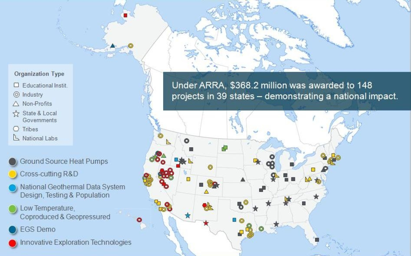 Map of the United States shows where $368.2 was awarded to various industries for 148 geothermal-related projects.