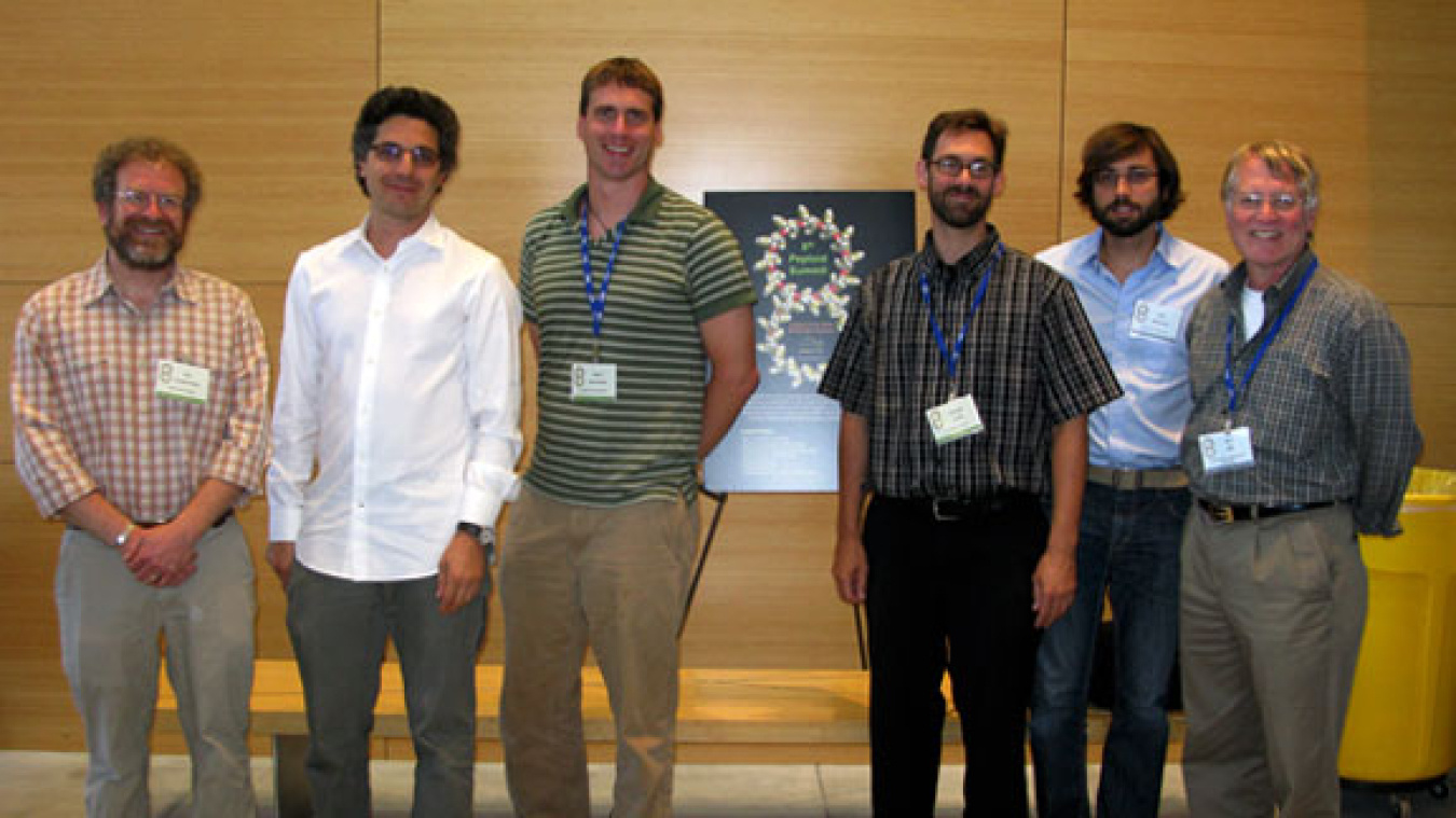 The principal investigators of this study together at the recent 8th Peptoid Summit at the Berkeley Lab Molecular Foundry. From Left to Right: Ron Zuckermann, Kent Kirshenbaum, Glenn Butterfoss, Vincent Voelz, Richard Bonnaeu, Ken Dill.