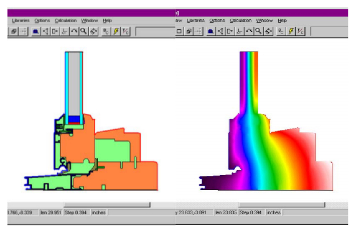 Screenshot of drawings from the 2D building envelope heat transfer modeling software THERM.