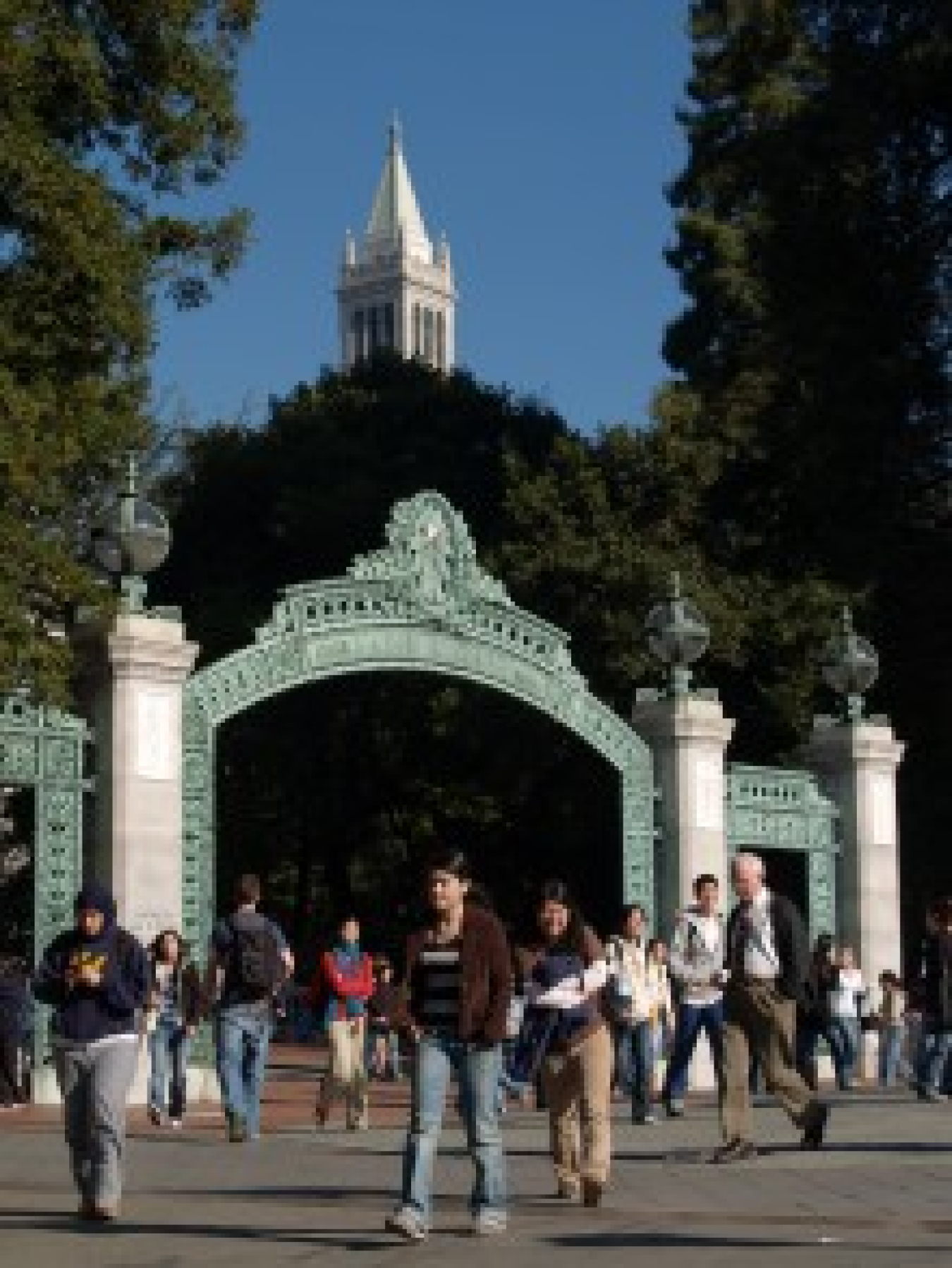 Photo of an archway entrance on the UC Berkeley campus, with students walking all around it and in front of it.