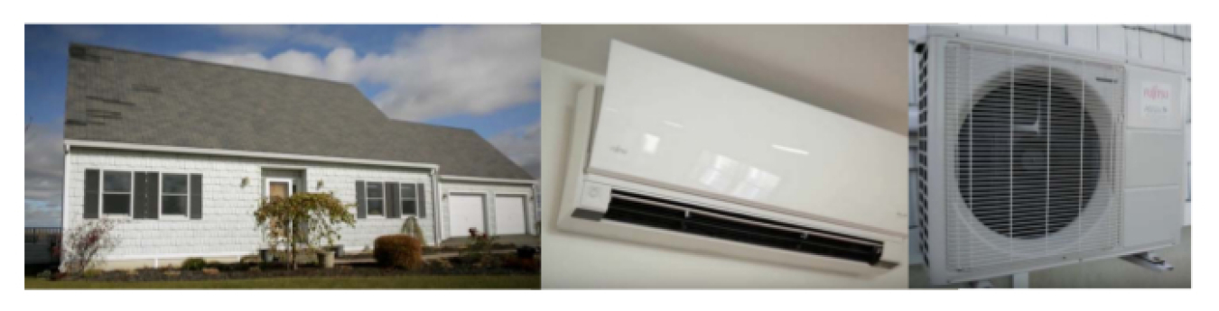 Images of the exterior of a house and an air-source heat pump.