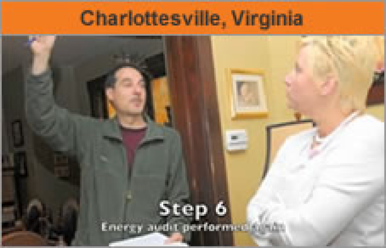 Man and woman talking inside a house, withe the words "Charlottesville, Virginia."