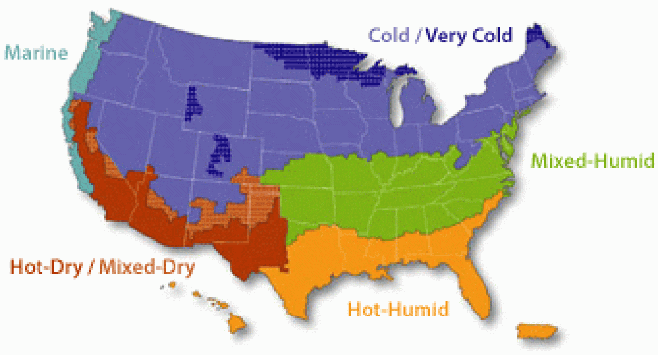 Map of the U.S. showing various climate zones: marine, cold/very cold, mixed-humid, hot-humid, hot-dry/mixed-dry