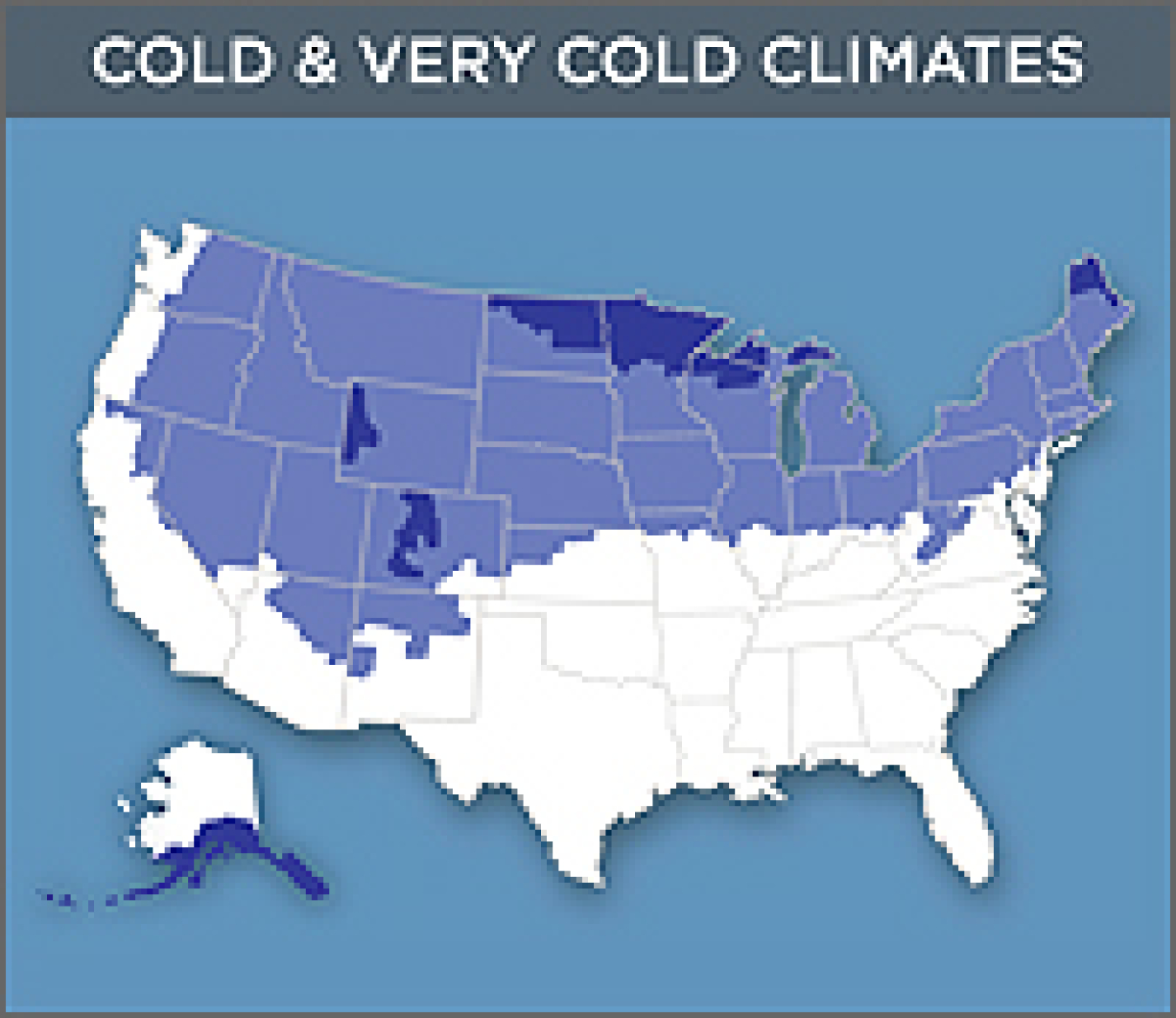Map of the Cold & Very Cold Zones of the United States. The far tips of North Dakota, Maine, and southern Alaska are shown as Very Cold. The northern half of the United States is shown as Cold.