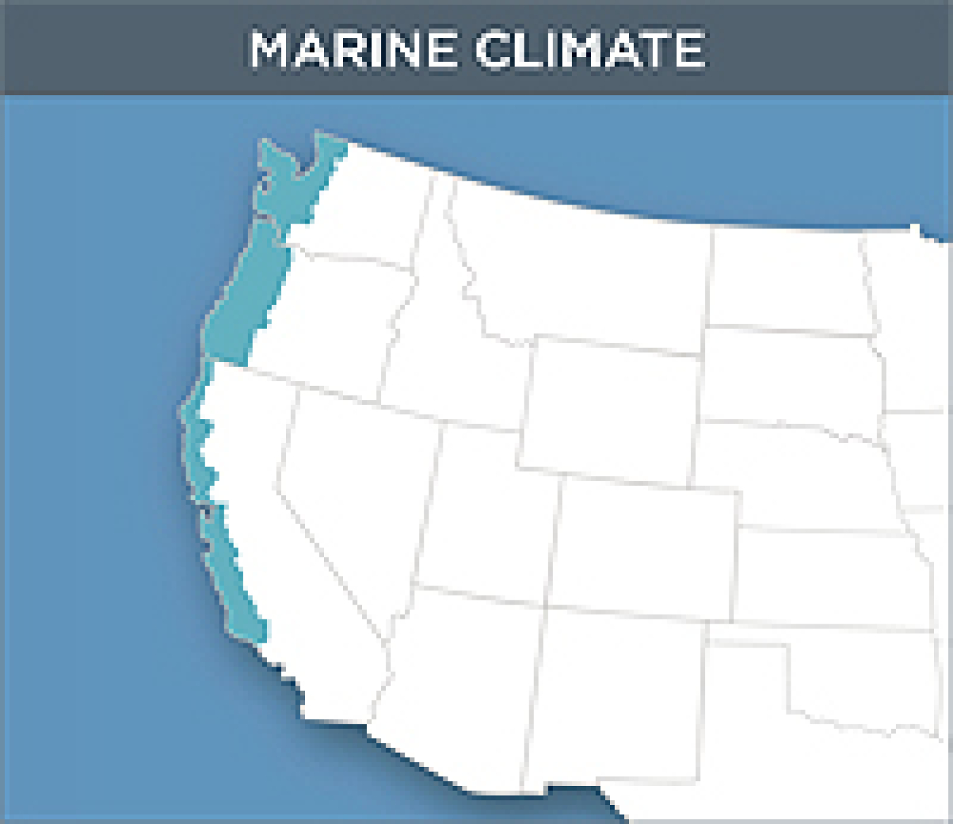 Map of the Marine Climate Zone of the United States. This zone contains the far western Pacific coast stretching from the Canadian border to mid-California.