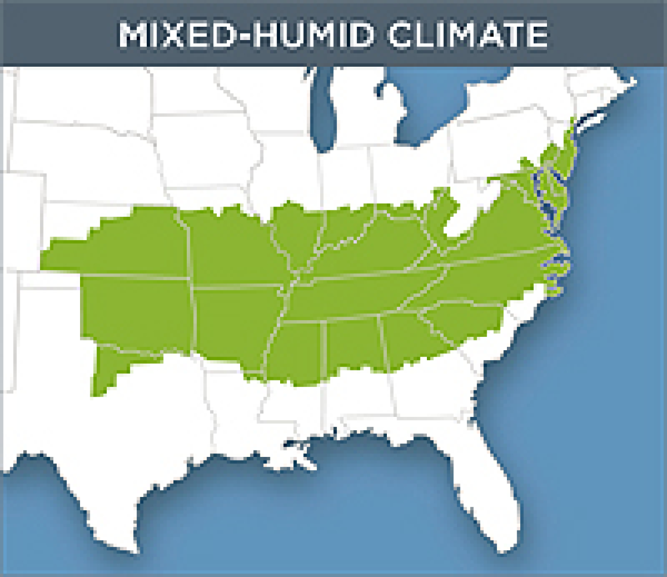 Map of the Mixed-Humid Climate which reaches from the coast of Maryland through North Carolina and sprawls to cover most of Kansas and Oklahoma.