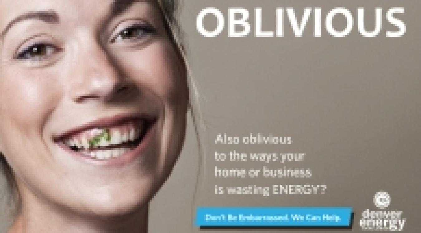 A woman smiling at us with something in her teeth. The text on the image says "Oblivious. Also oblivious to the ways your home or business is wasting energy?"