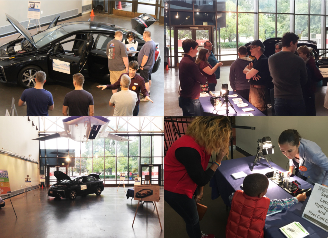 Four images of activities at the Smithsonian Air and Space Museum commemorating National Hydrogen and Fuel Cell Day and Hispanic Heritage month. 