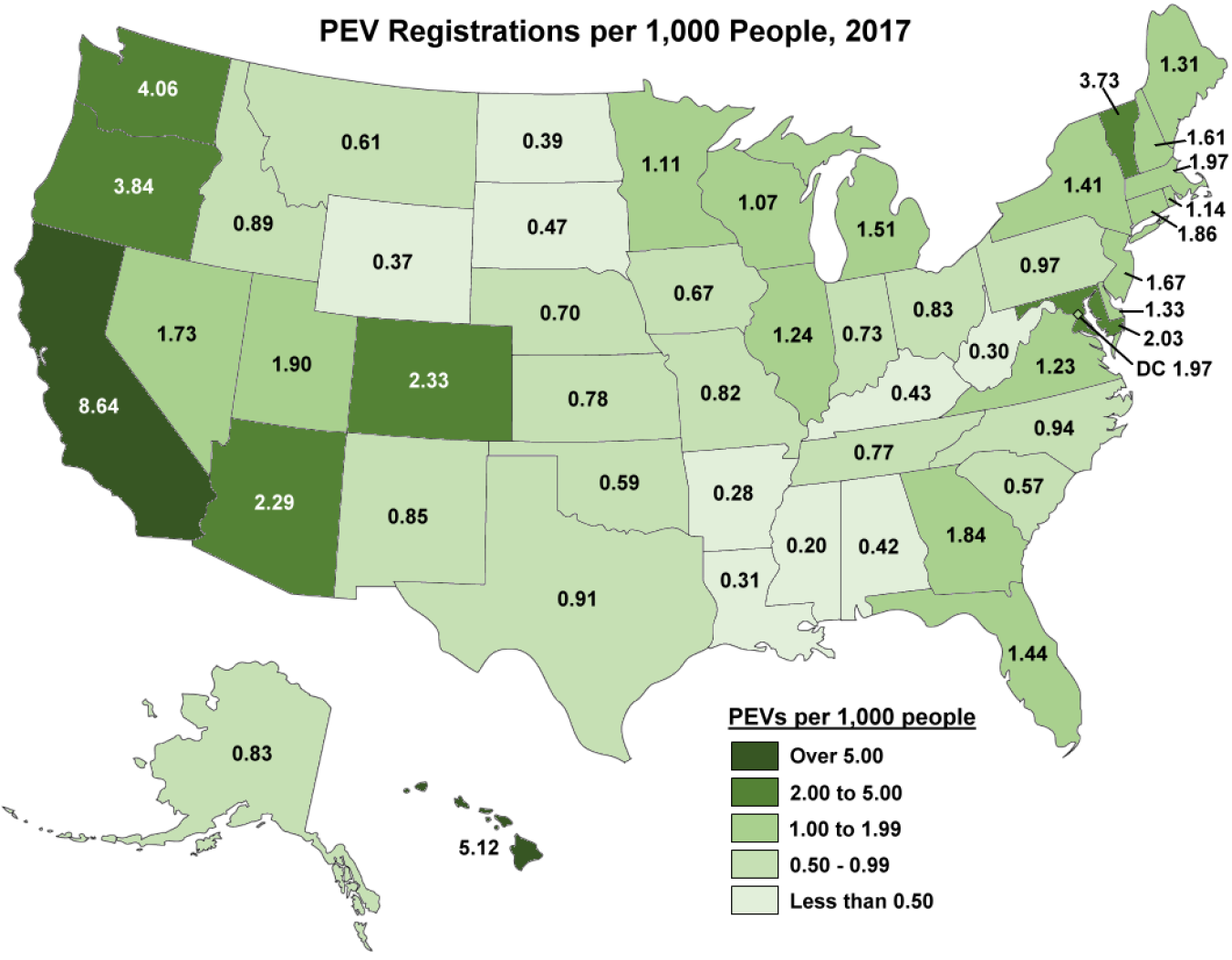 Map of the United States showing PEV registrations in each state per 1,000 people in 2017.