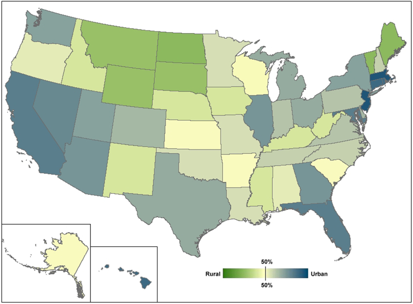 Map of the U.S. showing rural versus urban vehicle miles traveled by state in 2013.