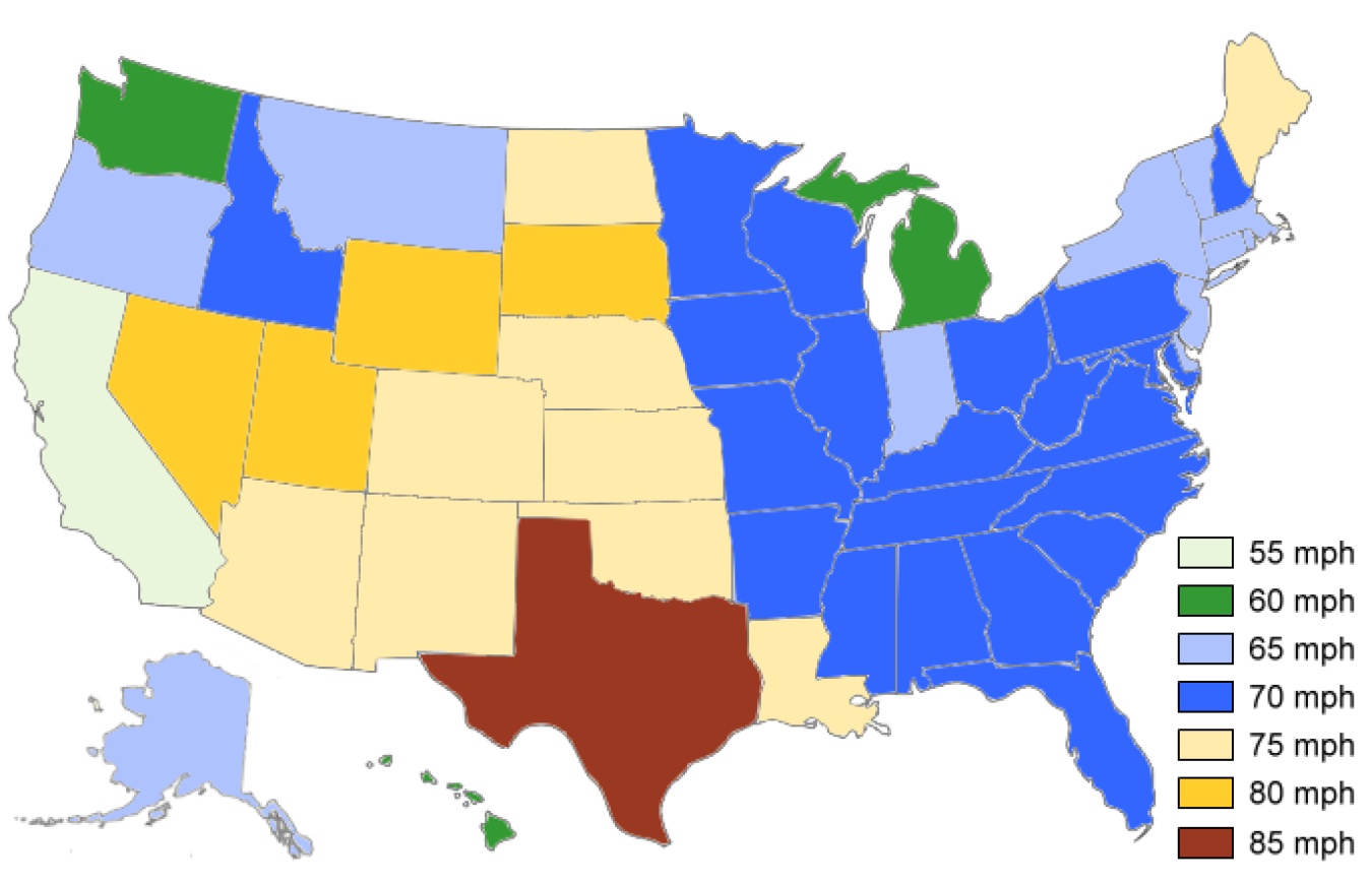 Map of the U.S. showing maximum daytime truck speed limits by state in 2016