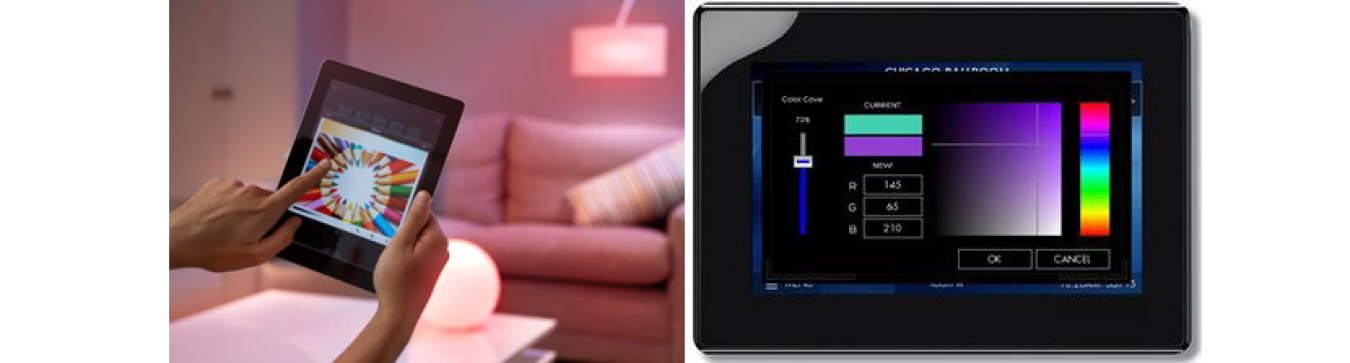 Two tablet-based graphical user interfaces. Photos courtesy of Philips Lighting (left) and Acuity Brands Lighting (right).