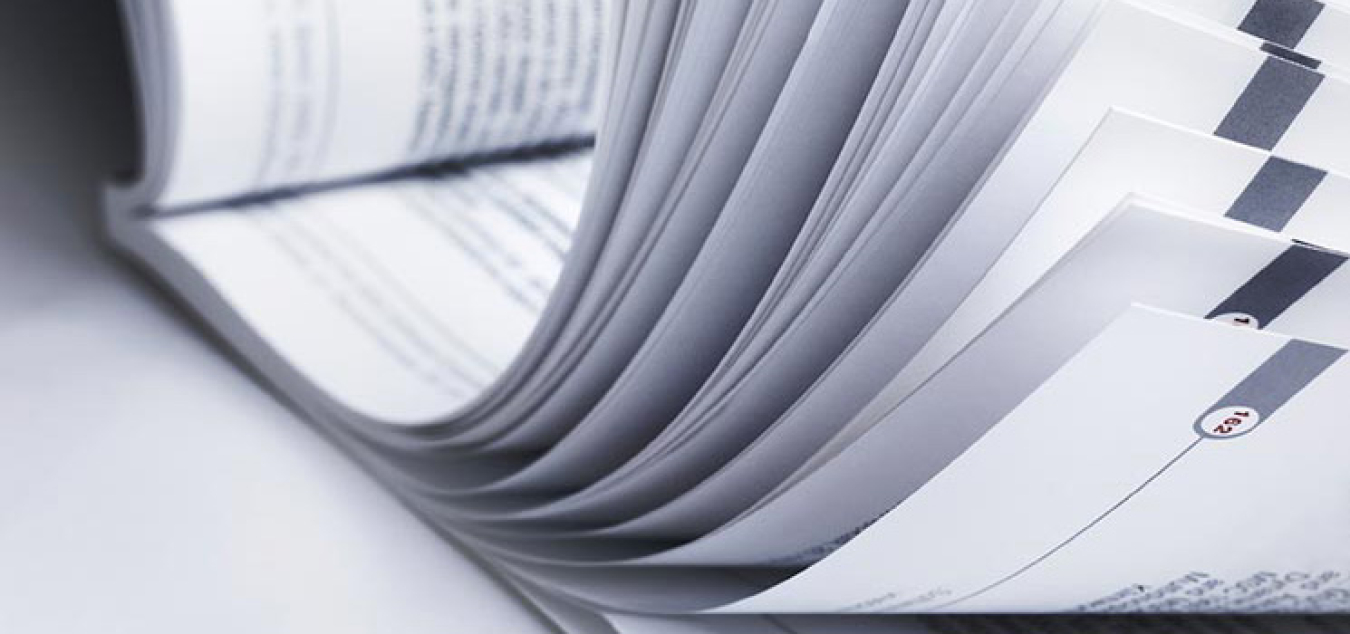 Black and white photo of pages in a book being flipped through.