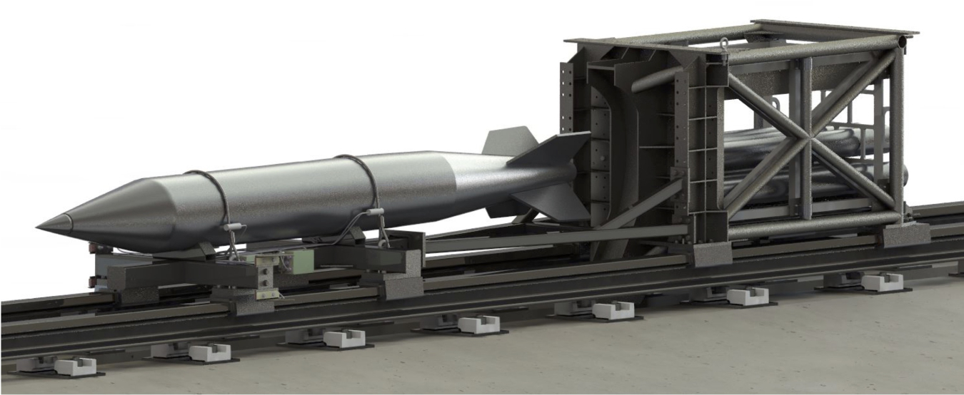 Rocket sled track can launch test items at 2,300 MPH.