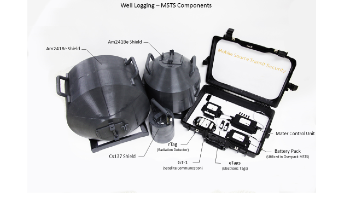 The MSTS components seen here are installed onto a well-logging truck and its associated radioactive source storage containers.