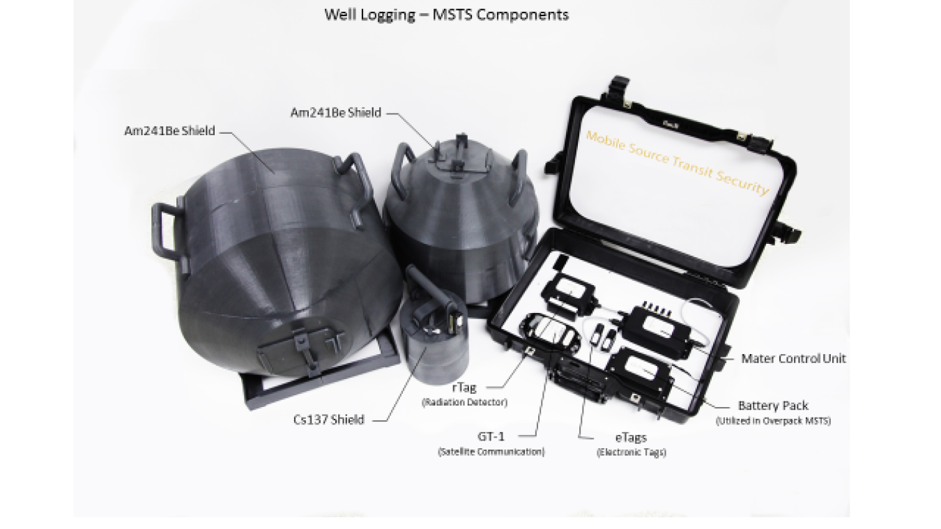 The MSTS components seen here are installed onto a well-logging truck and its associated radioactive source storage containers. 