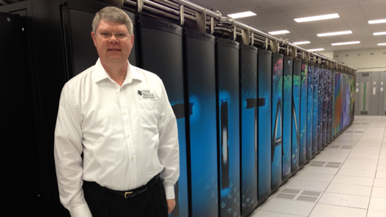 Project director Buddy Bland stands by Titan, the hybrid-architecture Cray XK7 system at Oak Ridge Leadership Computing Facility.