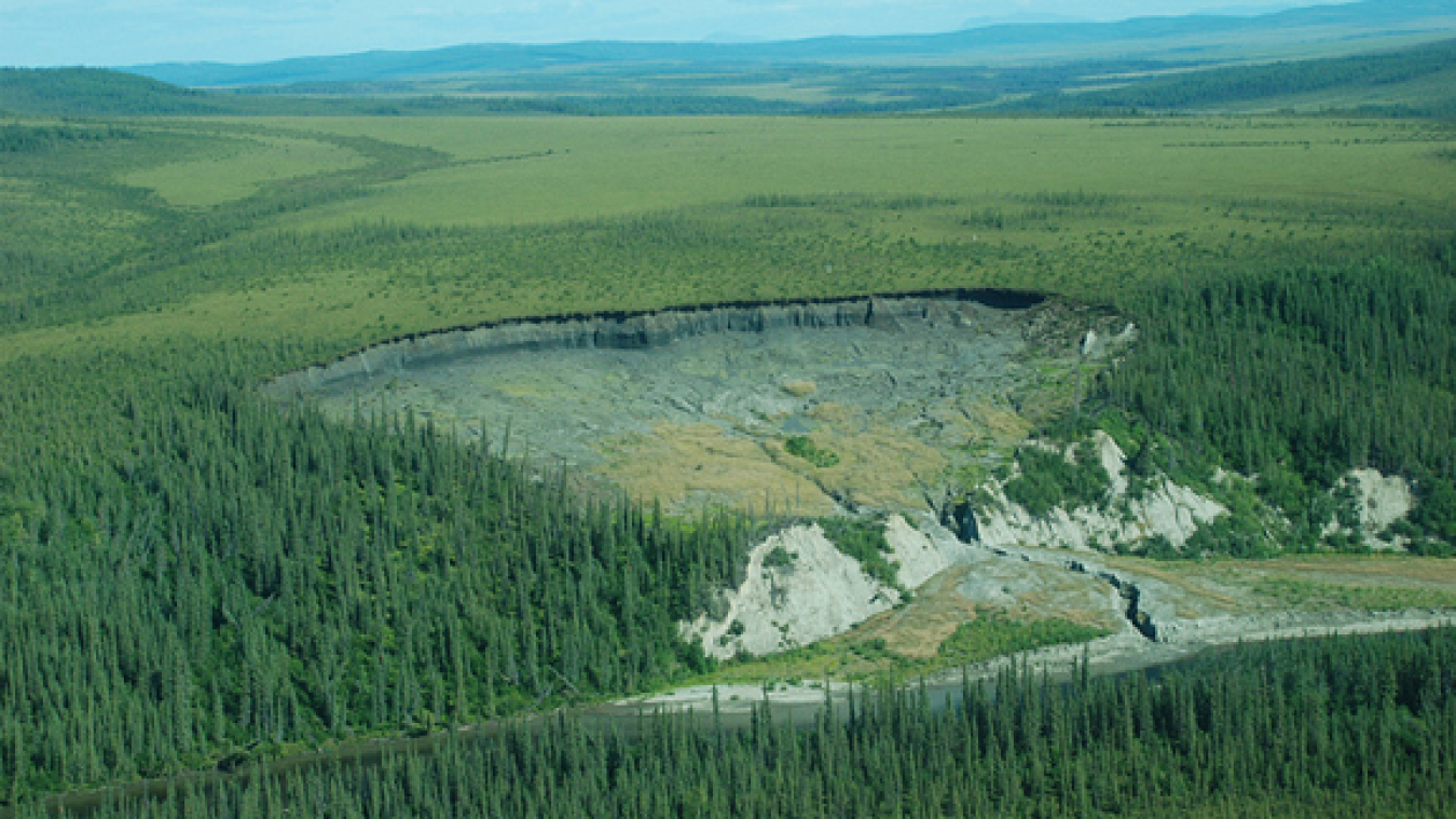 Large thermokarst disturbance along the Selawik River in Alaska. When these wedges of ice melt, the ground underneath them often collapses.