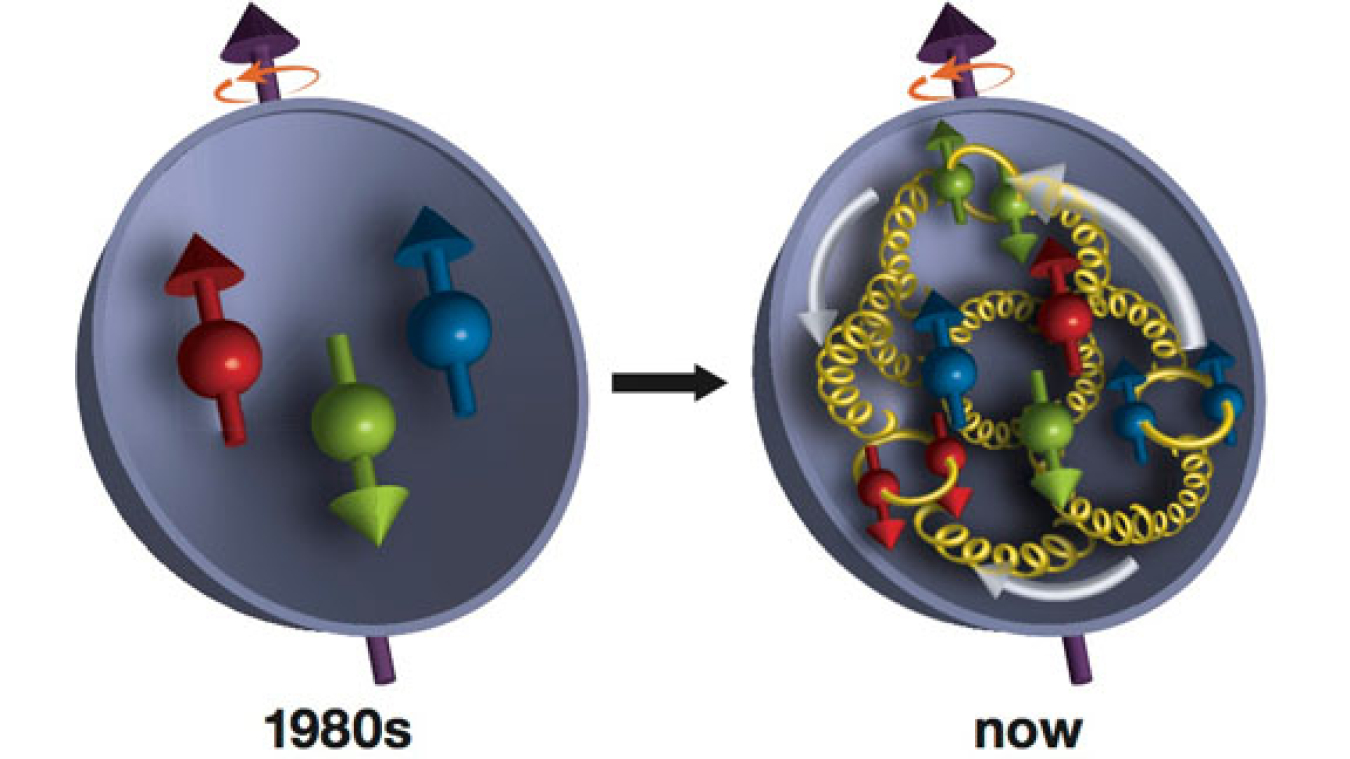 In the 1980s, scientists discovered that a proton's three valance quarks (red, green, blue) account for only a fraction of the proton's overall spin. More recent measurements have revealed that gluons (yellow corkscrews) contribute as much as or possibly 