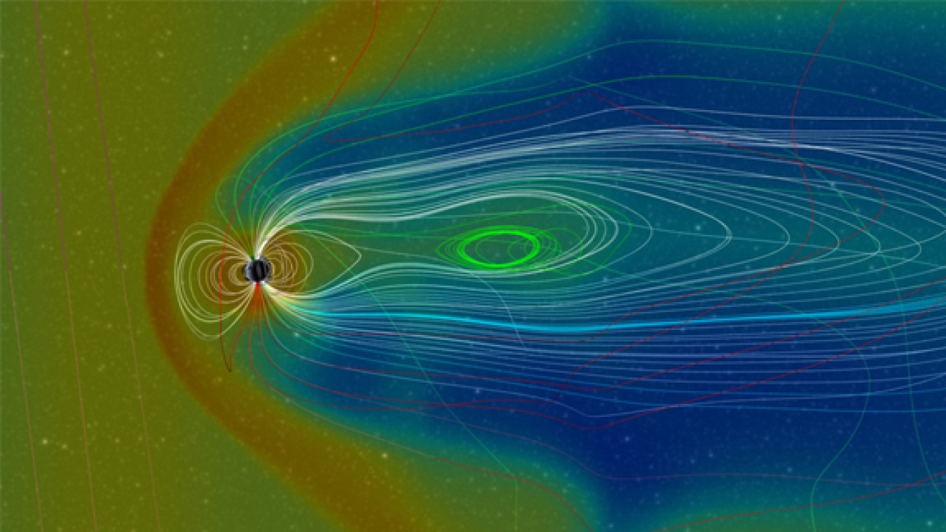 This graphic shows the magnetic field surrounding the Earth and how it reacted to energy and plasma from a solar flare caused by magnetic reconnection.