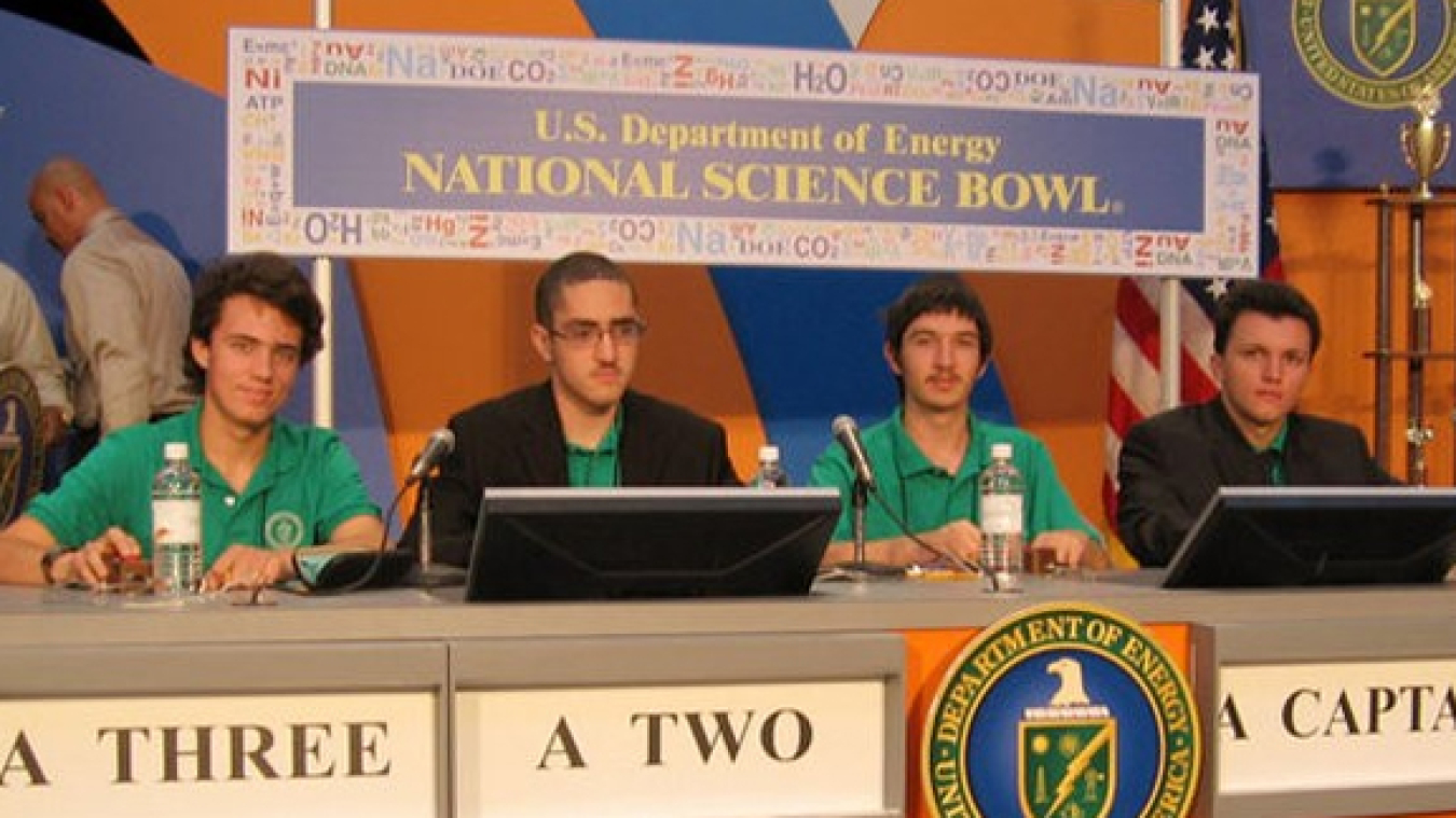 From left to right: Ian Scheffler, Marino Di Franco, Sasha (Alexandre) Boulgakov, and Dimitry Petrenko competed in the National Science Bowl® in Washington, D.C. for Santa Monica High School in 2008.