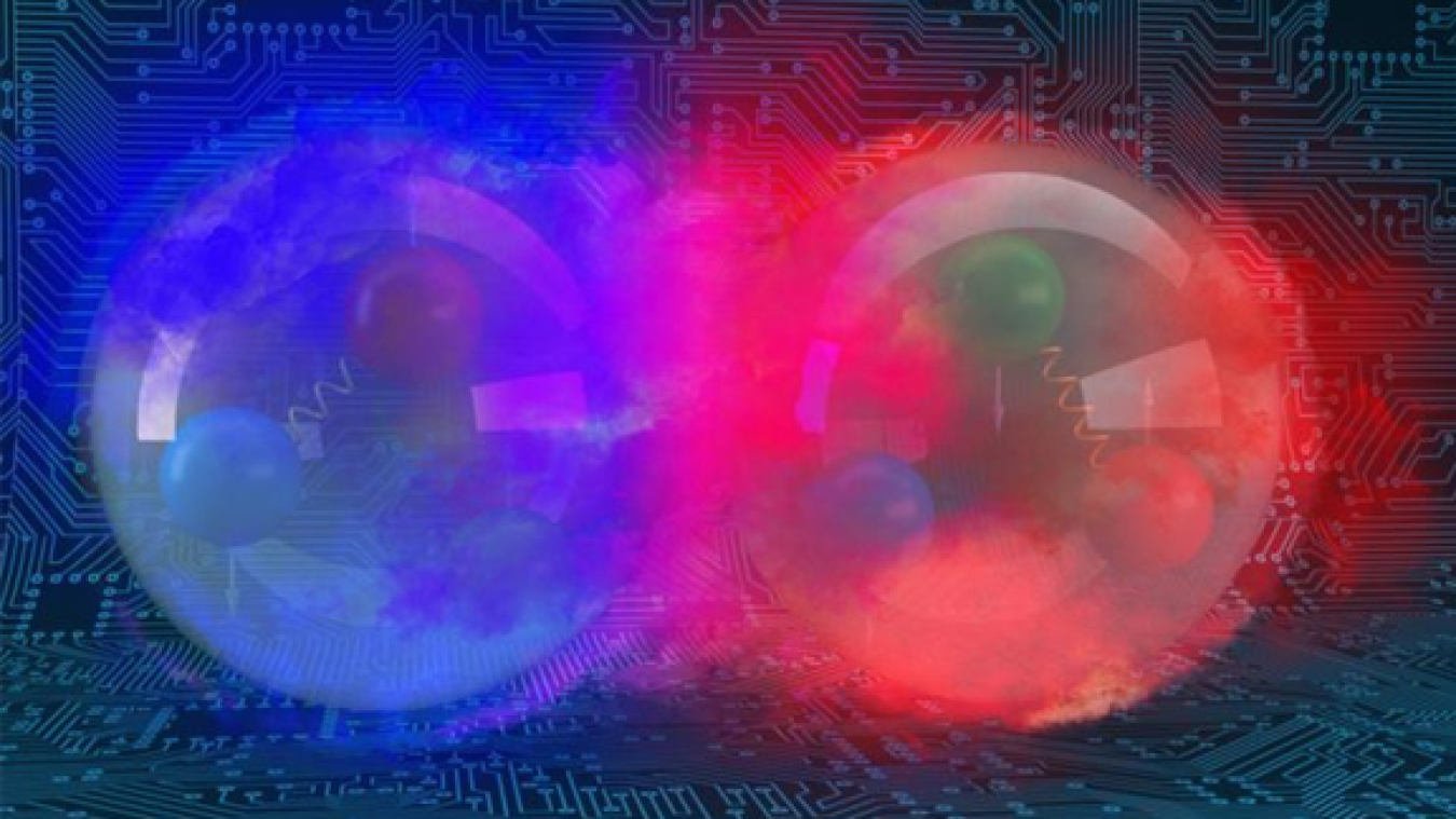 Illustration of a proton and neutron bound together in a form of hydrogen. Researchers at DOE's Oak Ridge National Laboratory used a quantum computer to calculate the energy needed to break apart the proton and neutron.