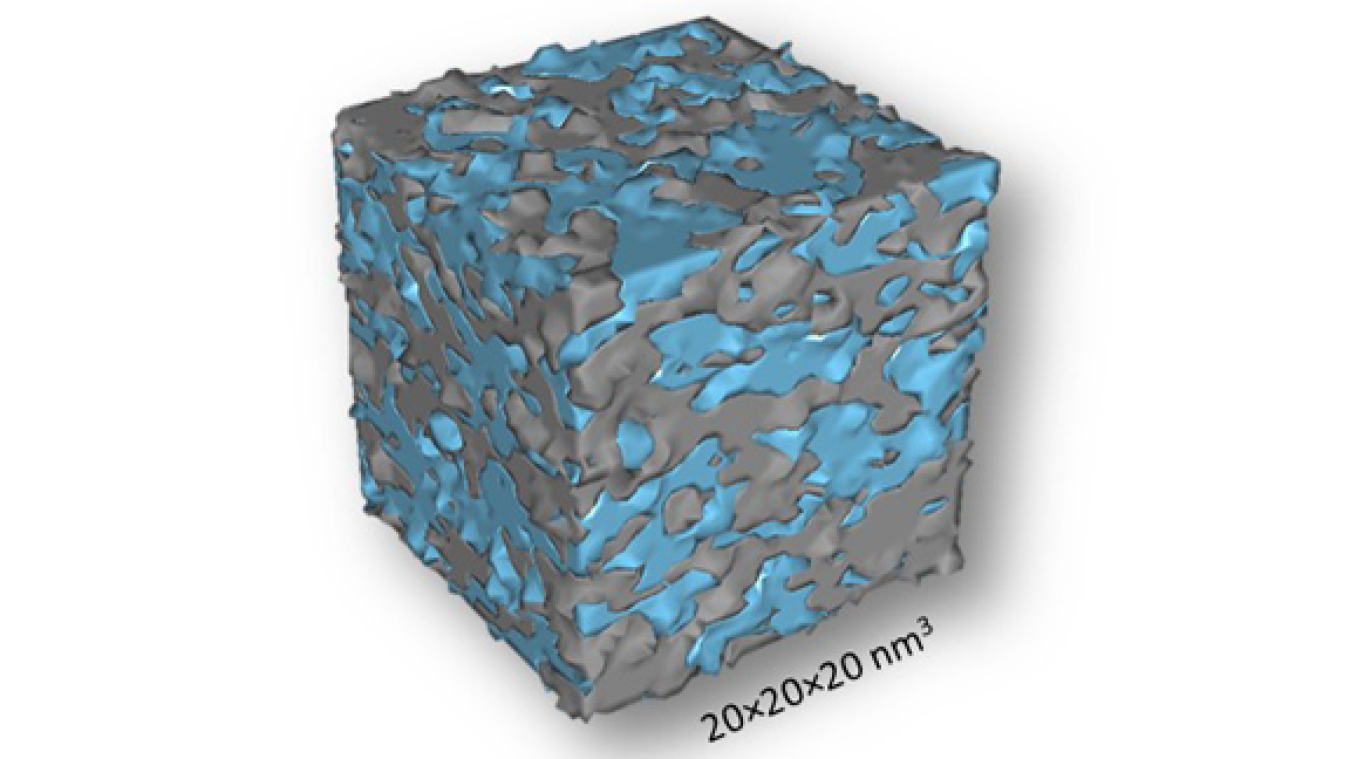 Researchers determined the structures that sometimes form where water (blue) and glass (gray) meet. These water-filled cavities can cause the glass to corrode suddenly.