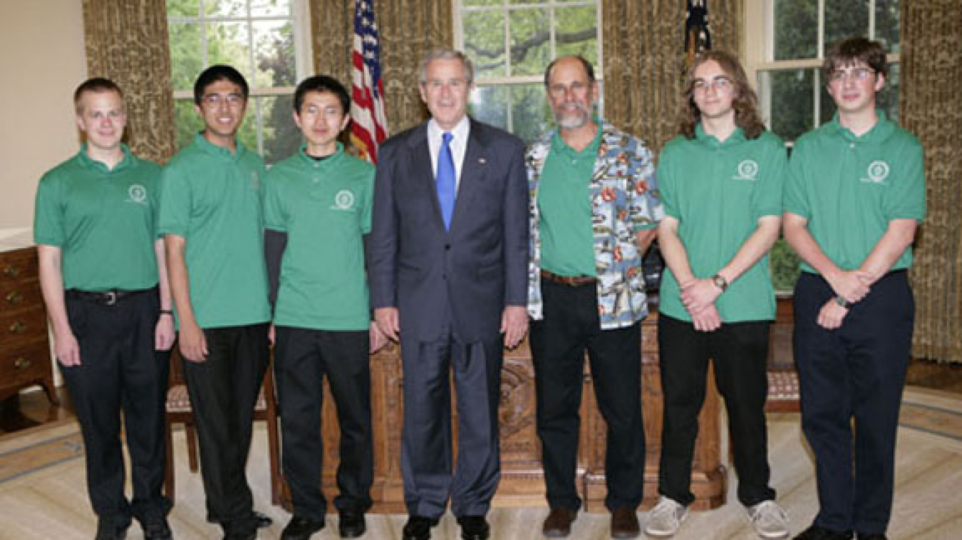 Poudre High School team member Sam Elder (far left) celebrates the win with a meeting with President George W. Bush in the Oval Office.