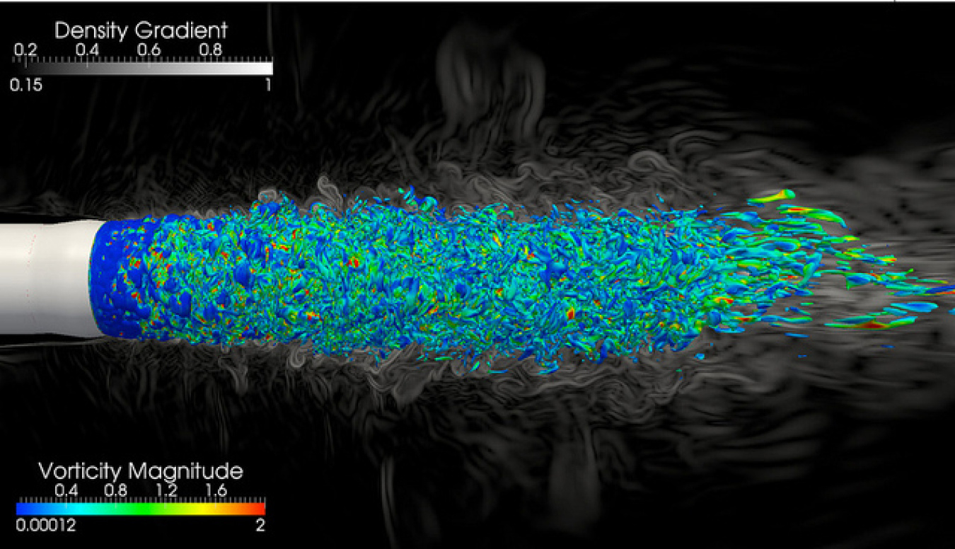 A scalable, compressible Large Eddy Simulation (LES)–based Computational Aeroacoustics (CAA) solver is being used to study free-shear layer noise from jet exhaust nozzles and boundary layer noise sources from airfoils.