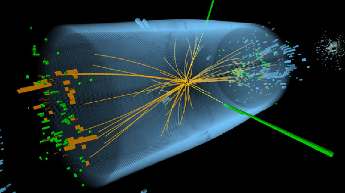 Event recorded with the CMS detector in 2012 at a proton-proton centre of mass energy of 8 TeV. The event shows characteristics expected from the decay of the SM Higgs boson to a pair of photons (dashed yellow lines and green towers). The event could also be due to known standard model background processes.