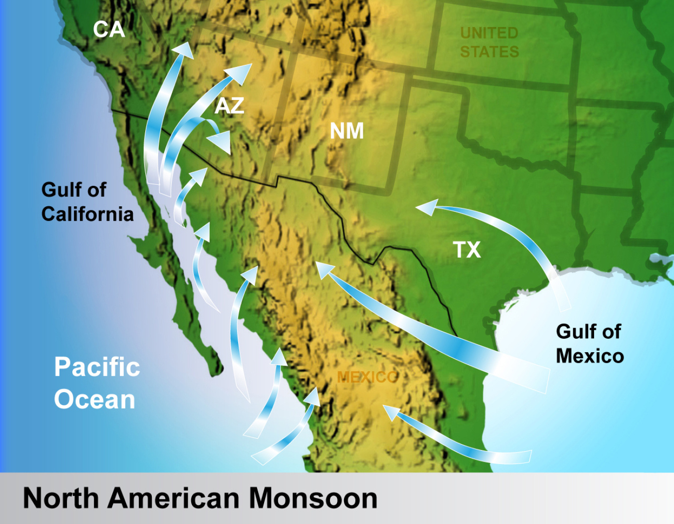 A map of the southwest United States, the Gulf of California, the Pacific, Mexico, and the Gulf of Mexico. Arrows extend from the Gulf of Mexico into Mexico and Texas; arrows extend from the Pacific Ocean into Mexico, and arrows extend from the Gulf ...