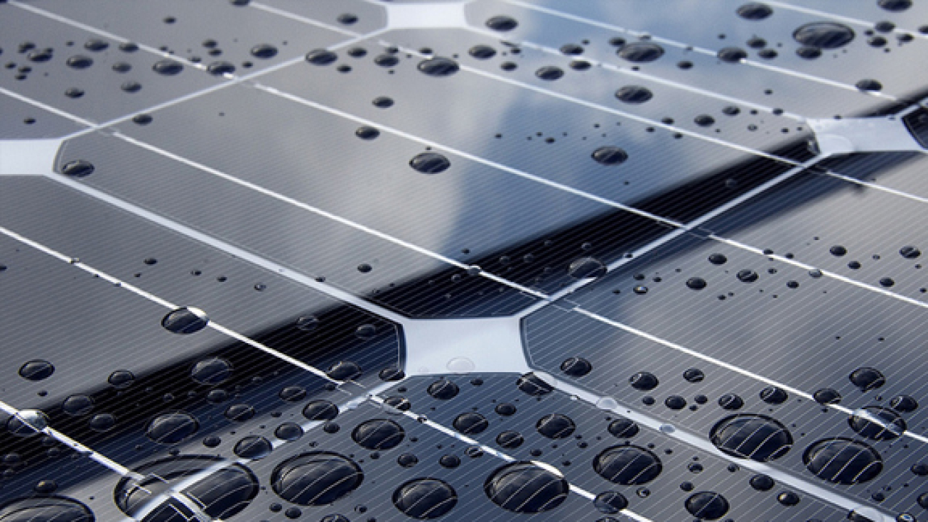 Close up of solar panels with raindrops