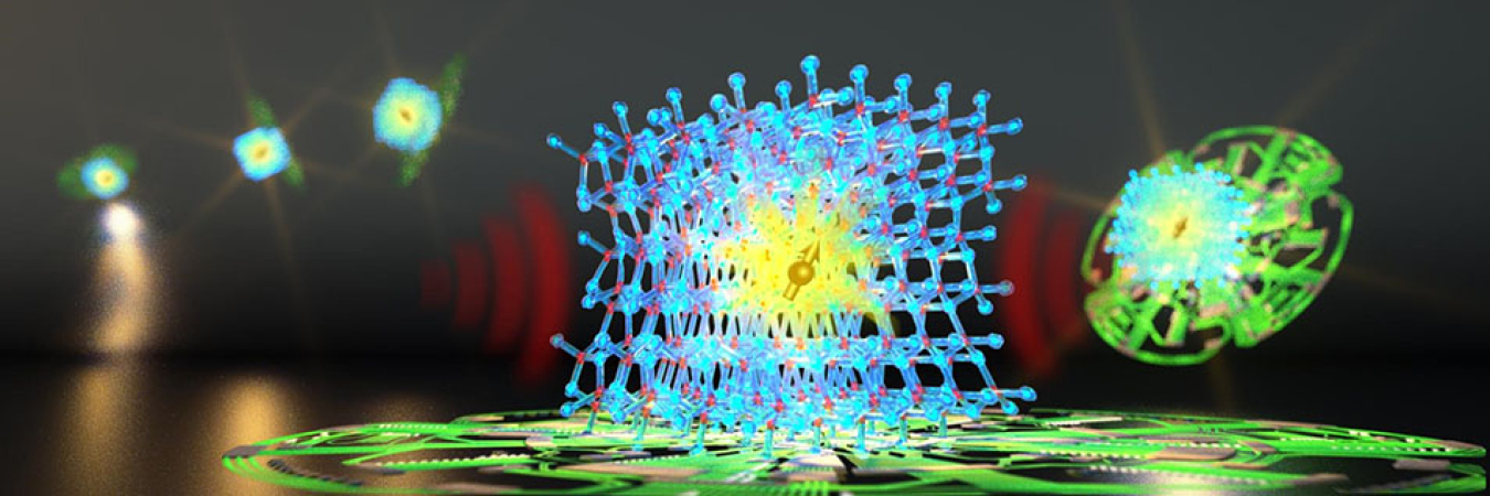 The figure illustrates the spin of a nitrogen vacancy (yellow) in aluminum nitride (cube) designed for qubit applications, such as quantum computers.