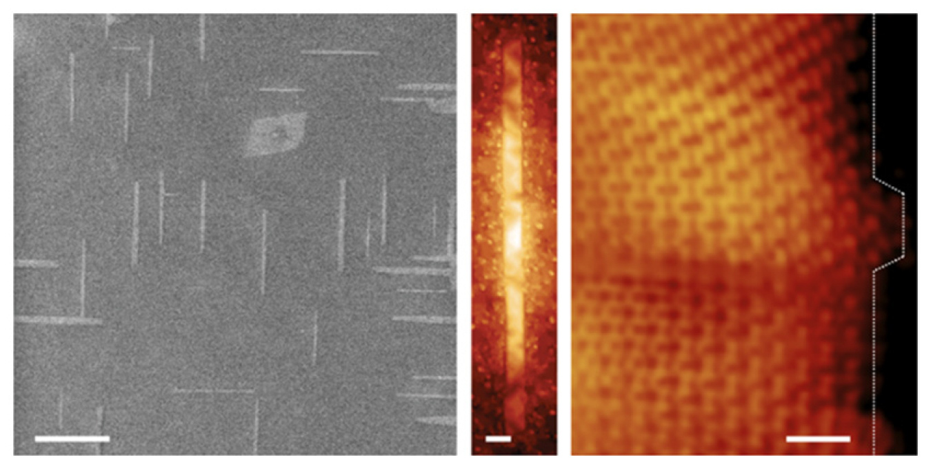 Progressively magnified images of graphene nanoribbons grown on germanium semiconductor wafers. The ribbons automatically align perpendicularly. Scale bars, left to right, are 400, 10, and 1 nanometer.