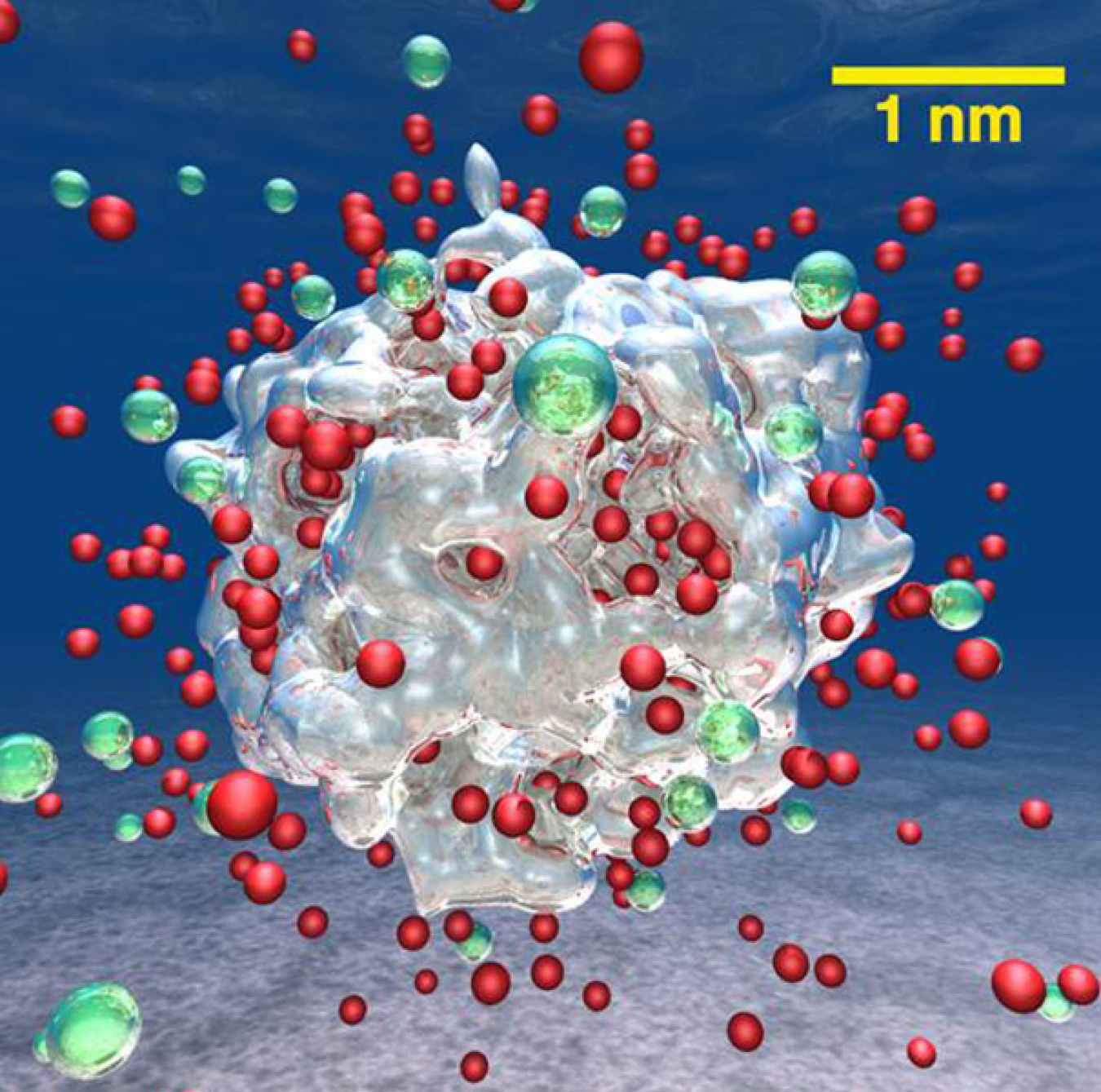 A snapshot from a large quantum molecular dynamics simulation of the production of hydrogen molecules (green) from an aluminum-lithium alloy nanoparticle containing 16,661 atoms (represented by the silver contour of charge density)