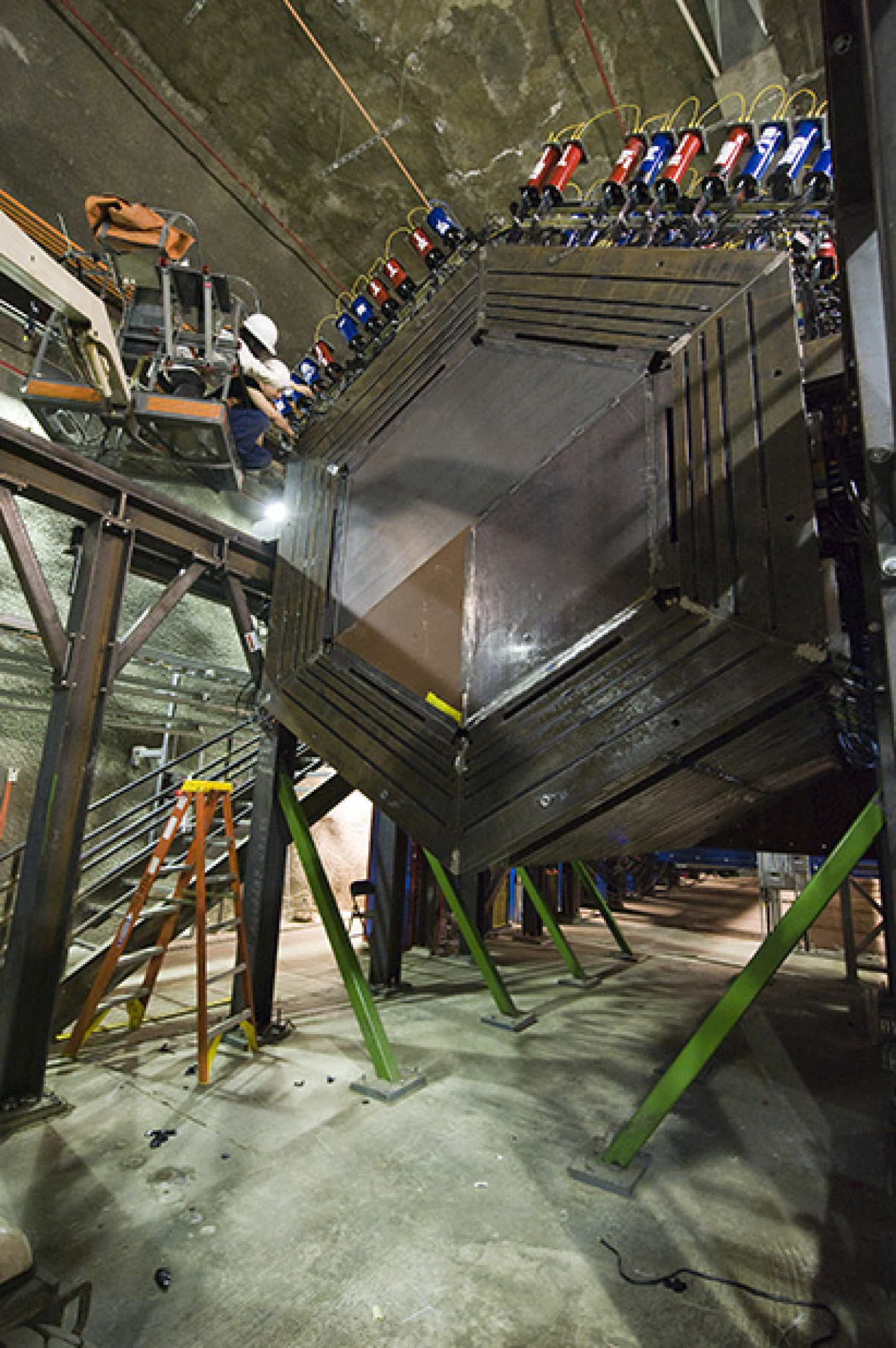 This picture, taken during the construction of the MINERvA detector, shows a target with which the beam of neutrinos interacts.