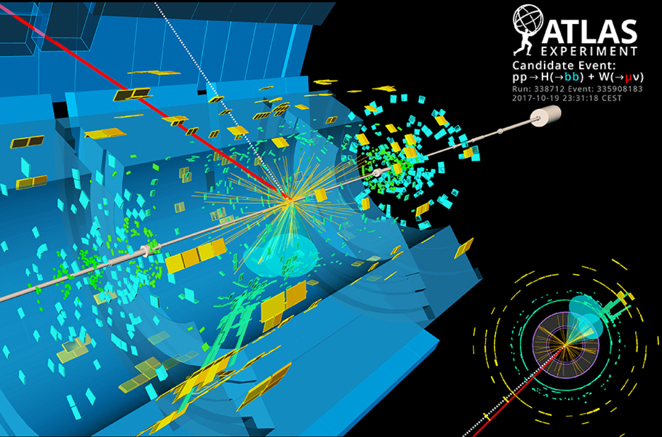 Event display for candidate Higgs boson decay into a pair of bottom quarks recorded by the ATLAS experiment.