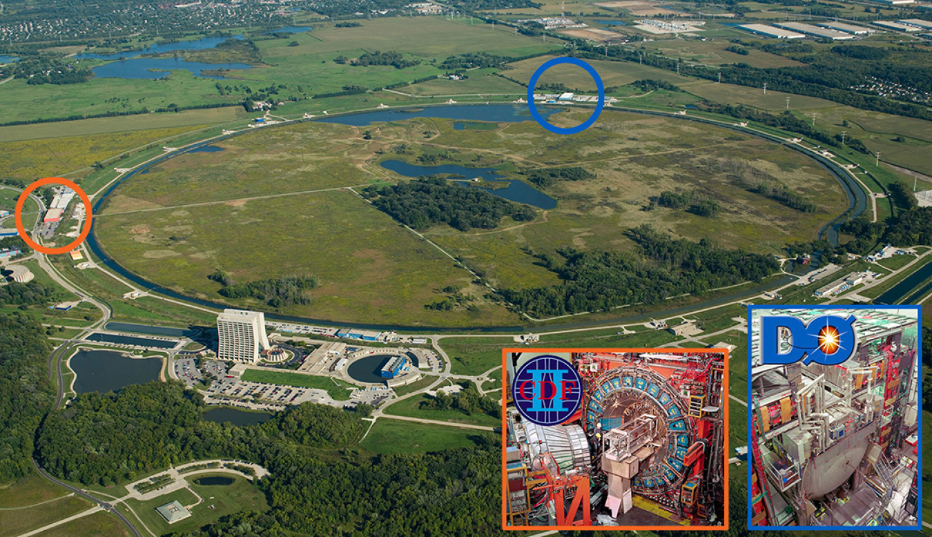 Aerial view of the CDF and DZero experiments at the Fermilab Tevatron Collider, the highest energy particle collider in the world for over the two decades until 2009.
