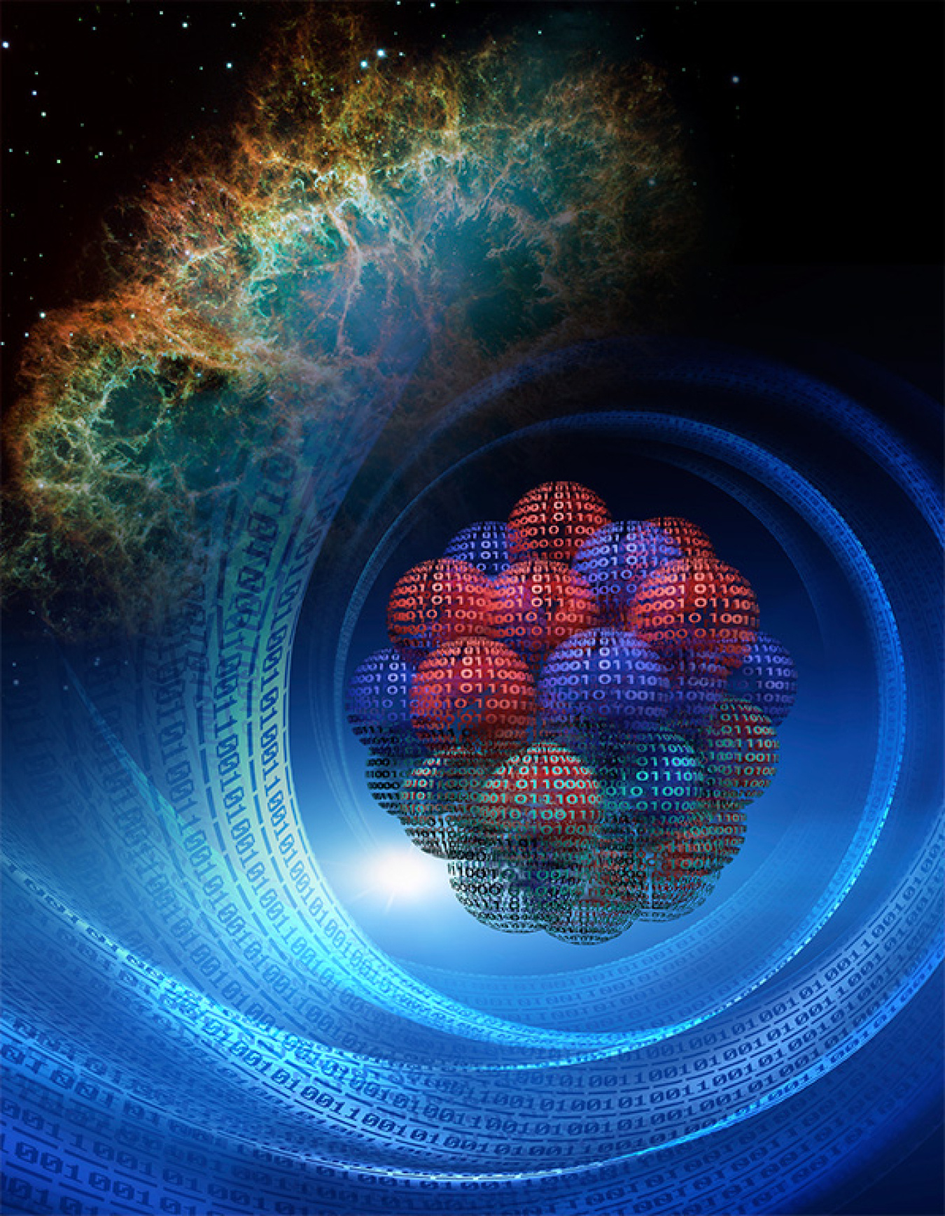 Conceptual art connects the atomic underpinnings of the neutron-rich calcium-48 nucleus with the Crab Nebula, which has a neutron star at its heart. Zeros and ones depict the computational power needed to explore objects that differ in size by 18 orders.