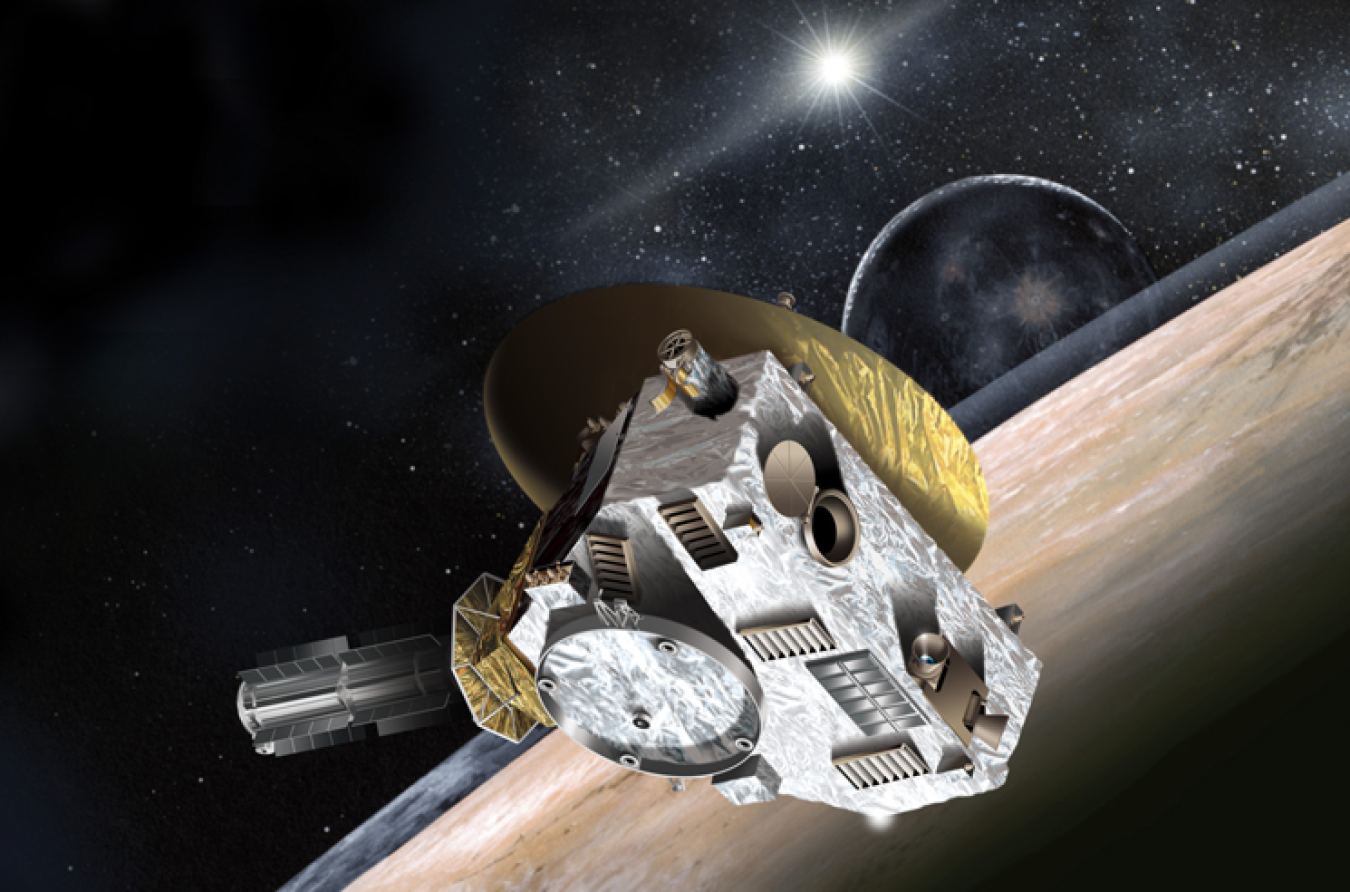 Artist's concept of the New Horizons spacecraft during its planned encounter with Pluto and its moon, Charon. 