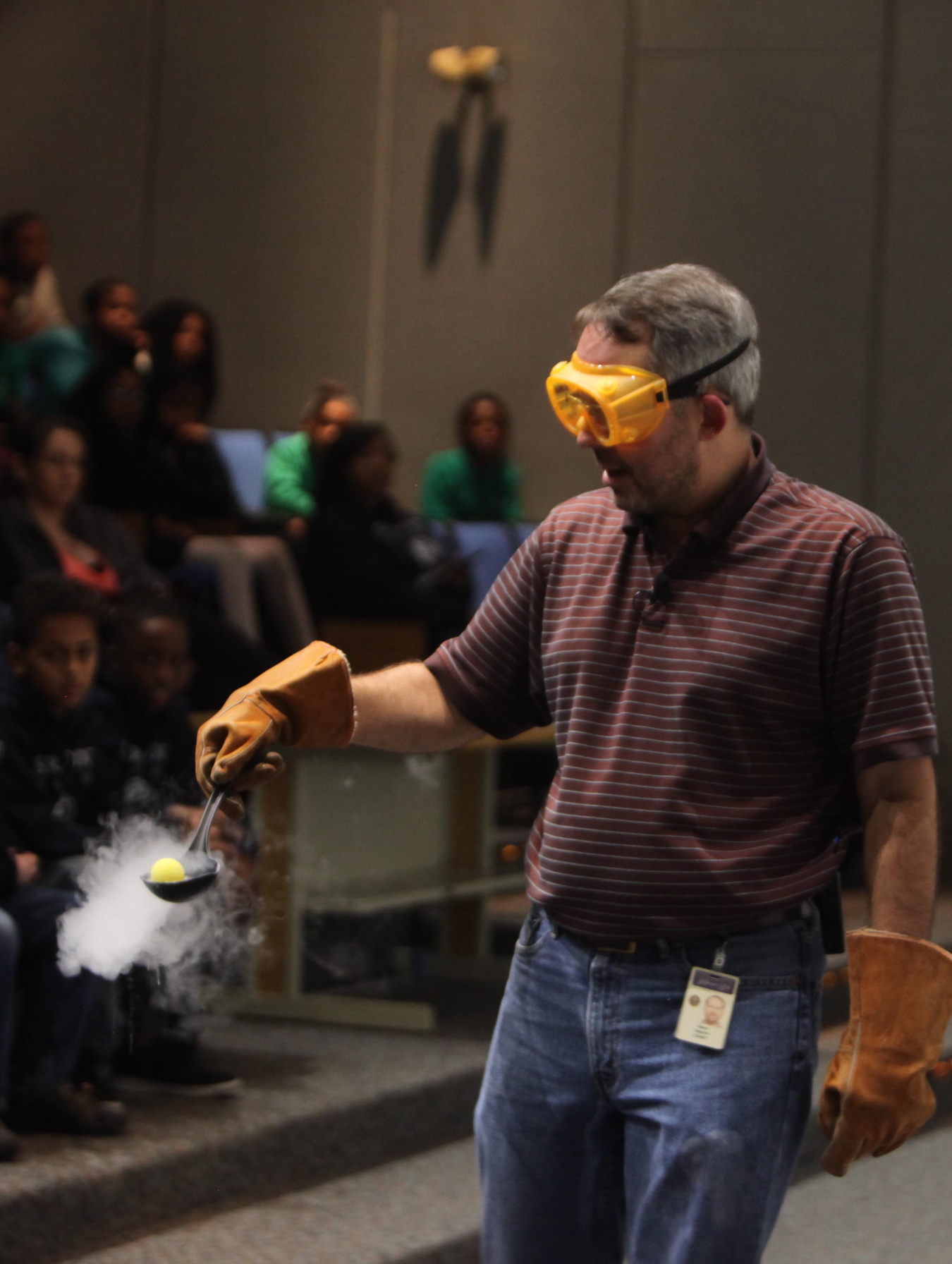 Science Education Administrator, Steve Gagnon, experiments with liquid nitrogen in a recent Physics Fest.