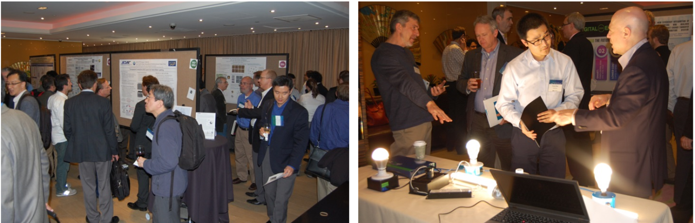 Two photos side by side that show different views of conference attendees interacting among the posters on display.