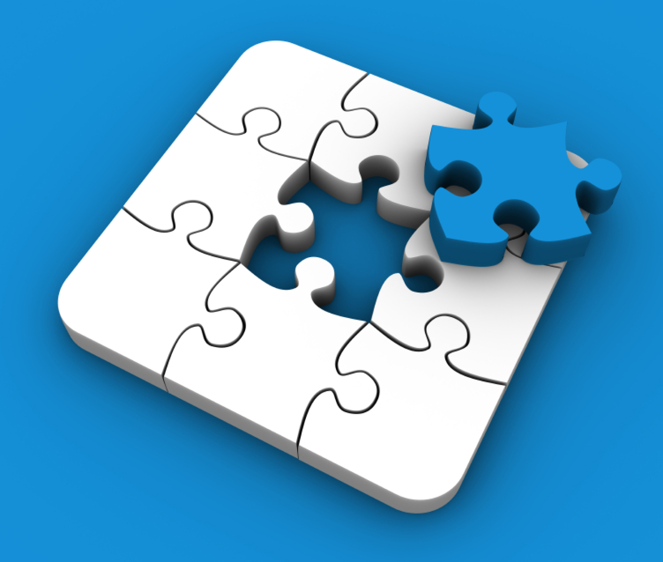 White puzzle on blue background with a blue center puzzle piece.