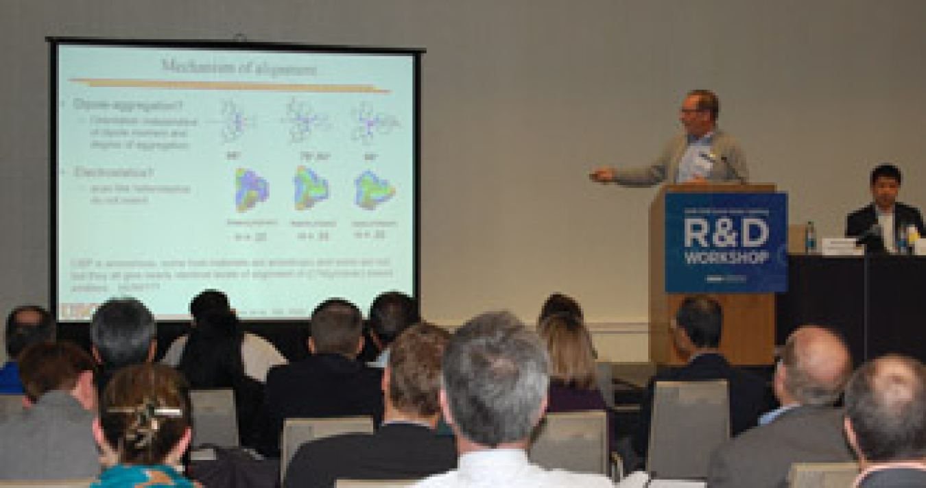 View of the back of an audience with a man standing at the front of the meeting room, speaking, motioning toward a presentation screen.